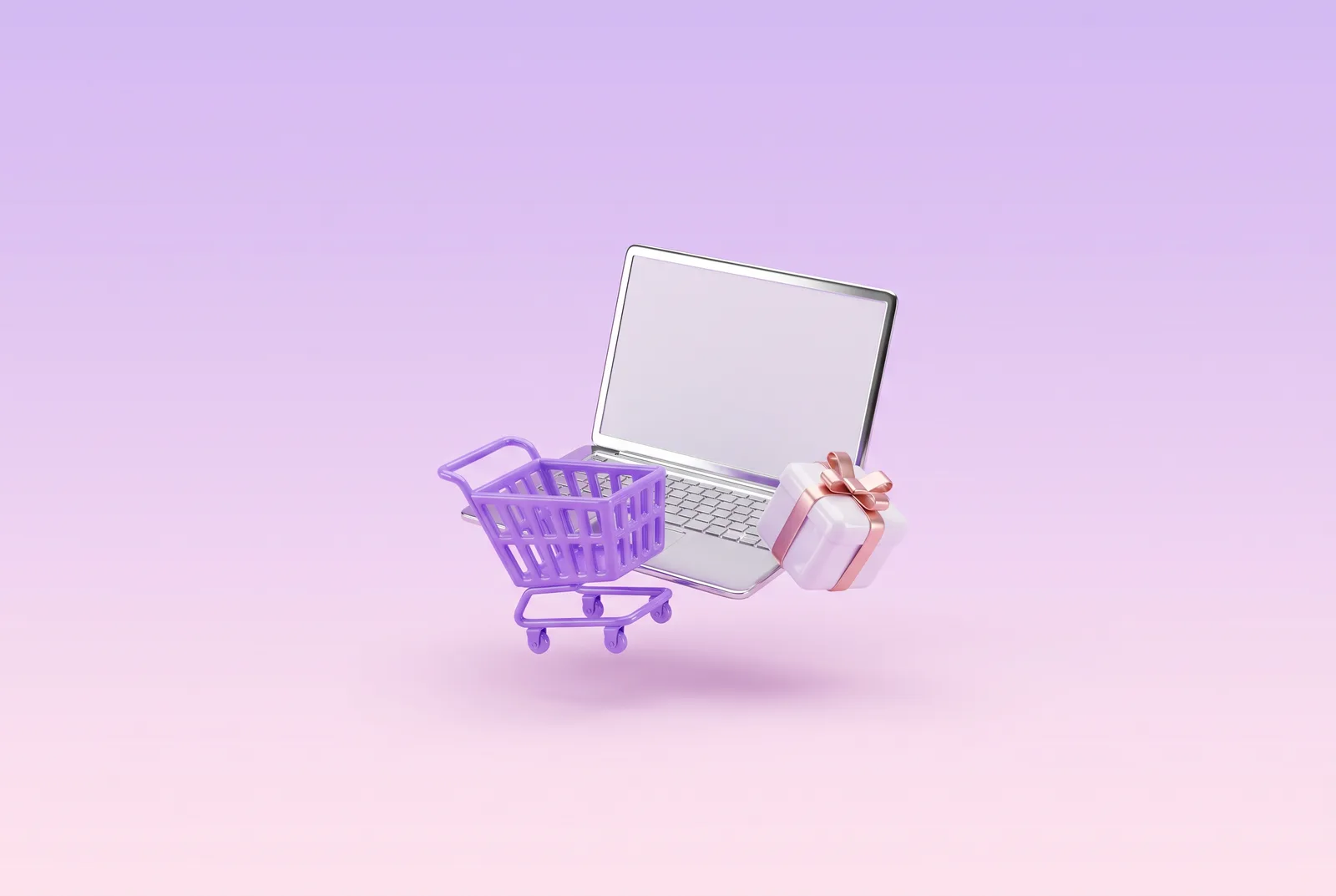 An online shop window, a trolley and a parcel ready to ship