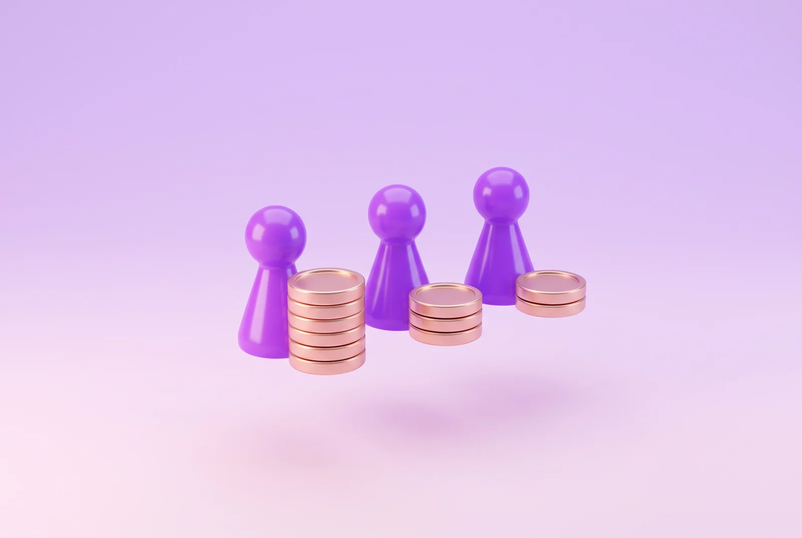 Three game pieces with coin stacks of different heights, picturing profit shares in line with the shareholdings