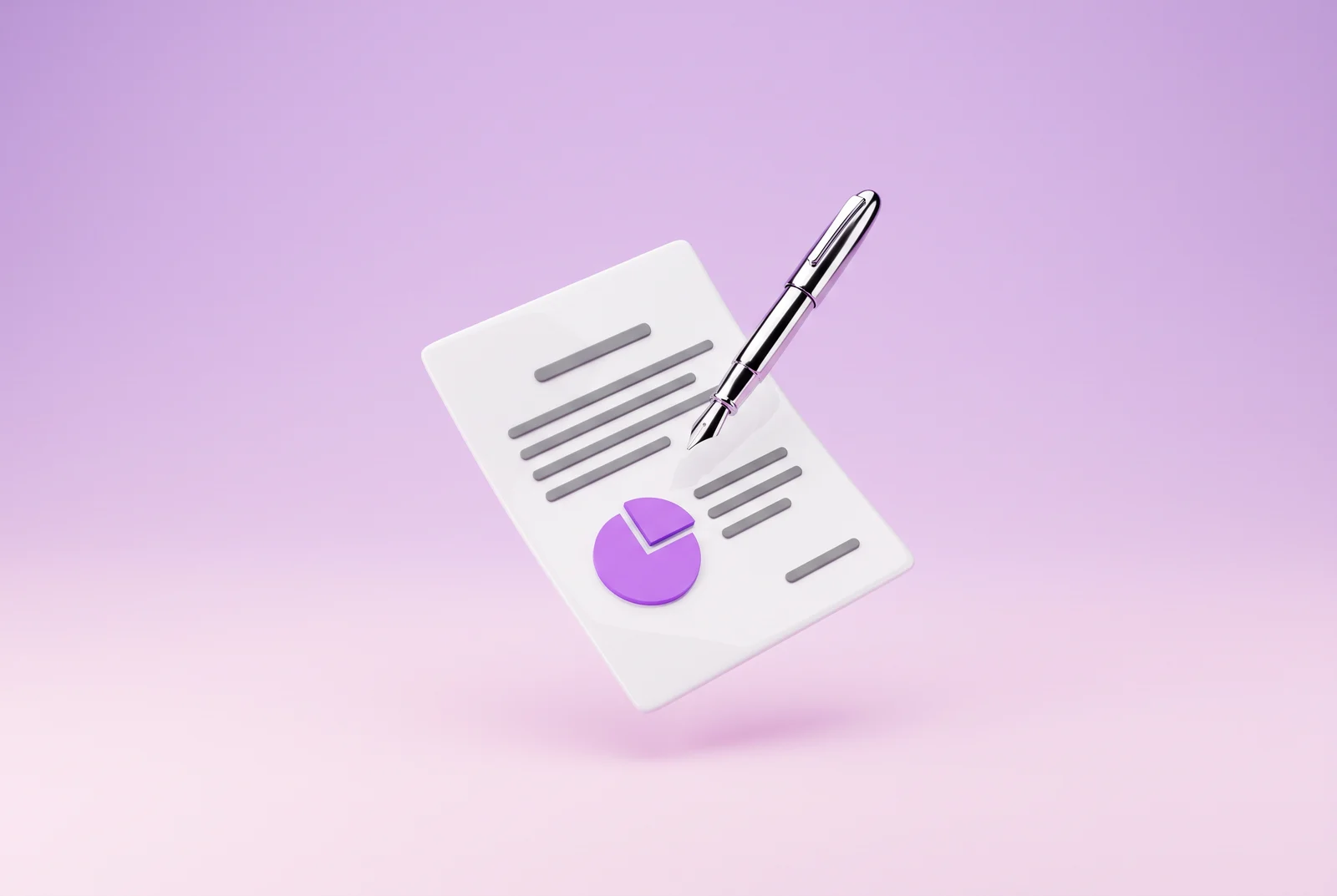 Articles of association with a pie chart on profit distribution and a fountain pen for signing