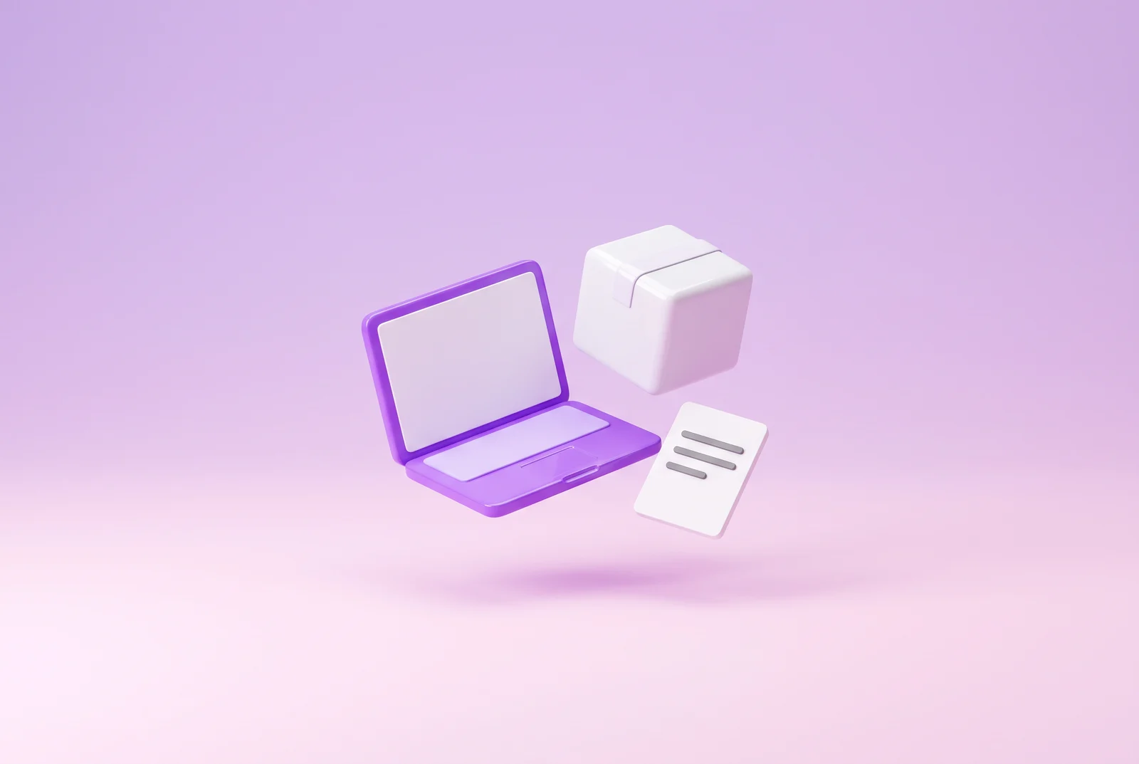Laptop, Paket und Notizblock nebeneinander als Bild für typische Gründungen einer Mini-GmbH