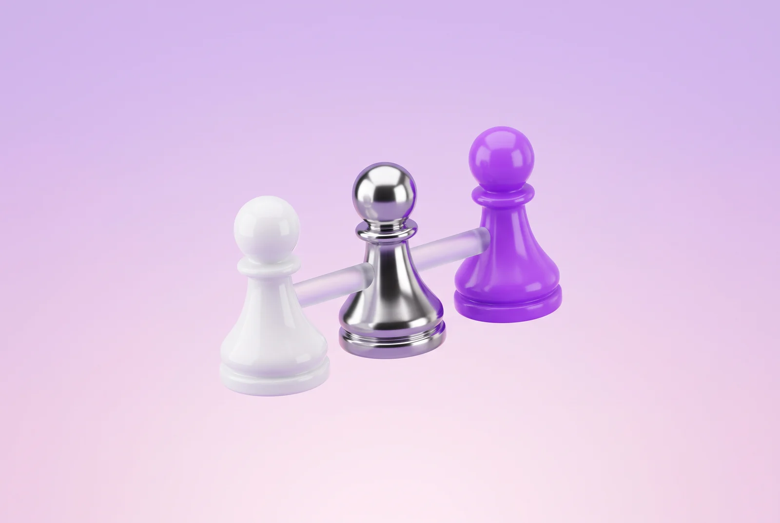 Subcontracting meaning: a white, a silver and a purple game piece linked one after another by glass bars