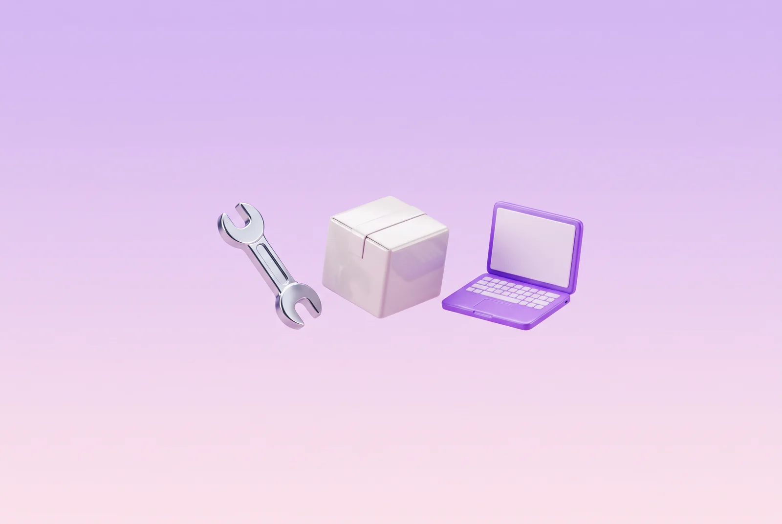 Subcontracting example: a silver spanner, a white parcel and a purple laptop side by side
